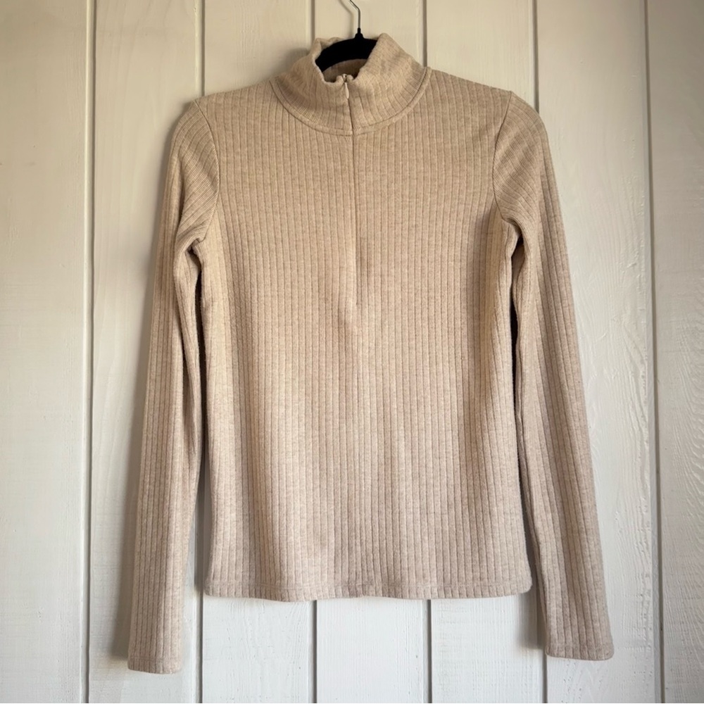Vince Cream Ribbed Knit Half Zip Sweater